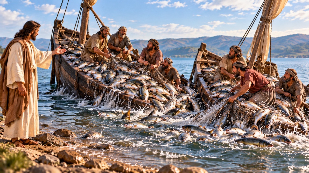 Two fishing boats low in the water, their nets splitting under a catch of fish spilling over the gunwales, while the men haul at them and Jesus stands on the shore with His hand extended.