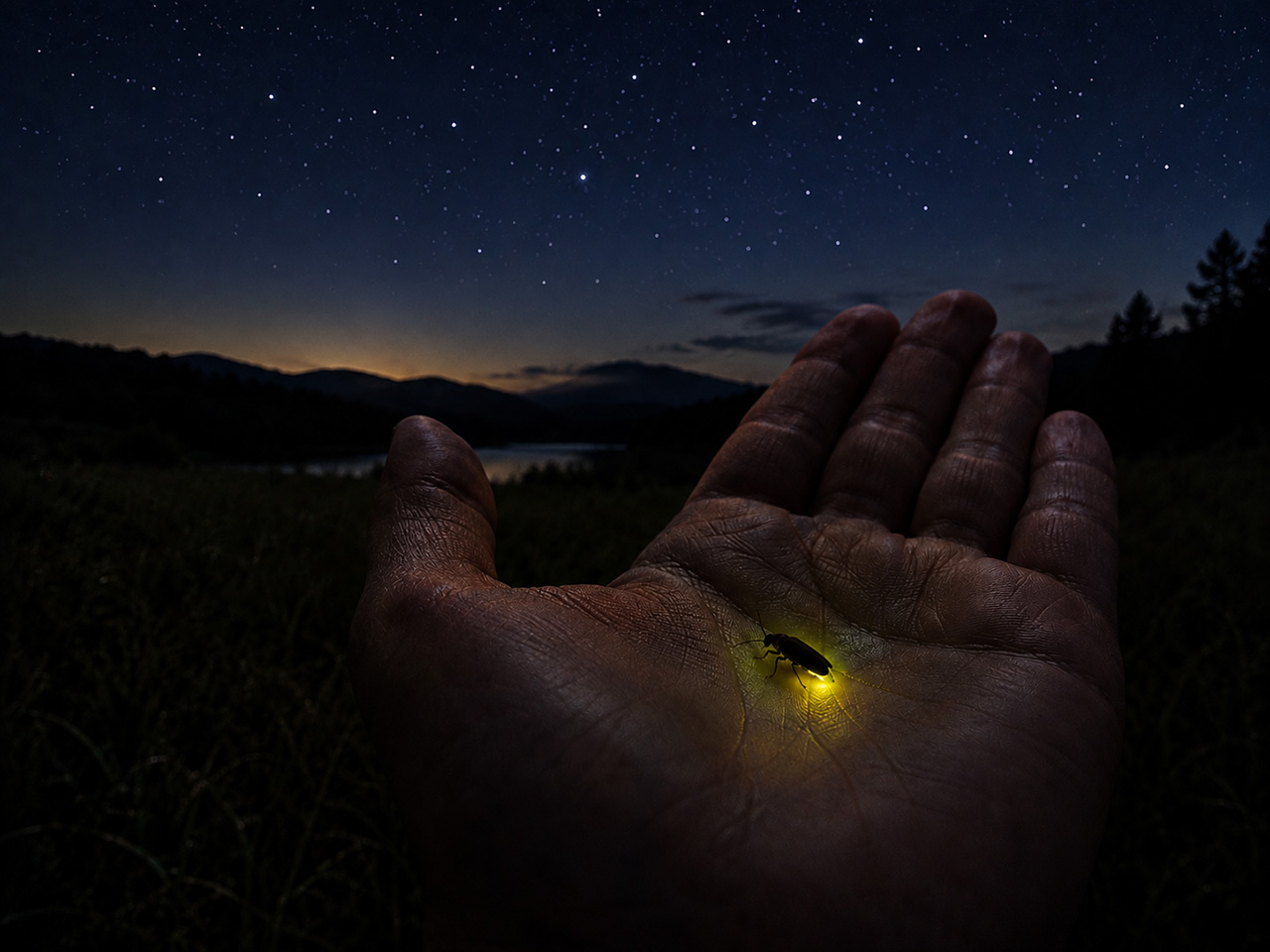 An open palm held up in the dark with a single lightning bug lit on it